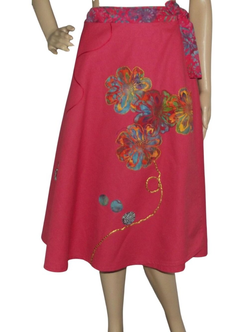 Wrap Midi Skirt Womens Size Small Vintage Handmade Pink Floral embroidered